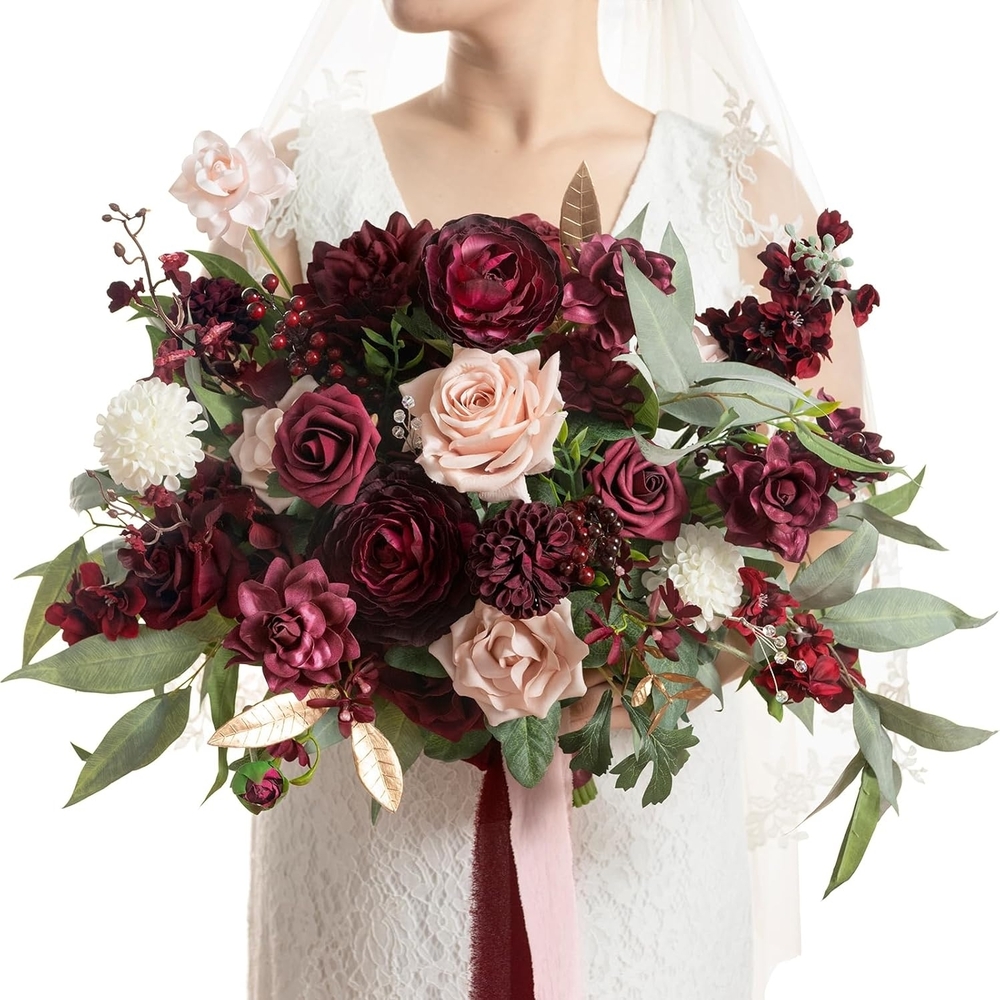 Ling's Moment Burgundy and Pink Bridal Bouquet